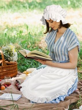 NWOT Newcotte 2 Pieces Women Colonial White Mob Cap Bonnet & Half Apron Ruffled